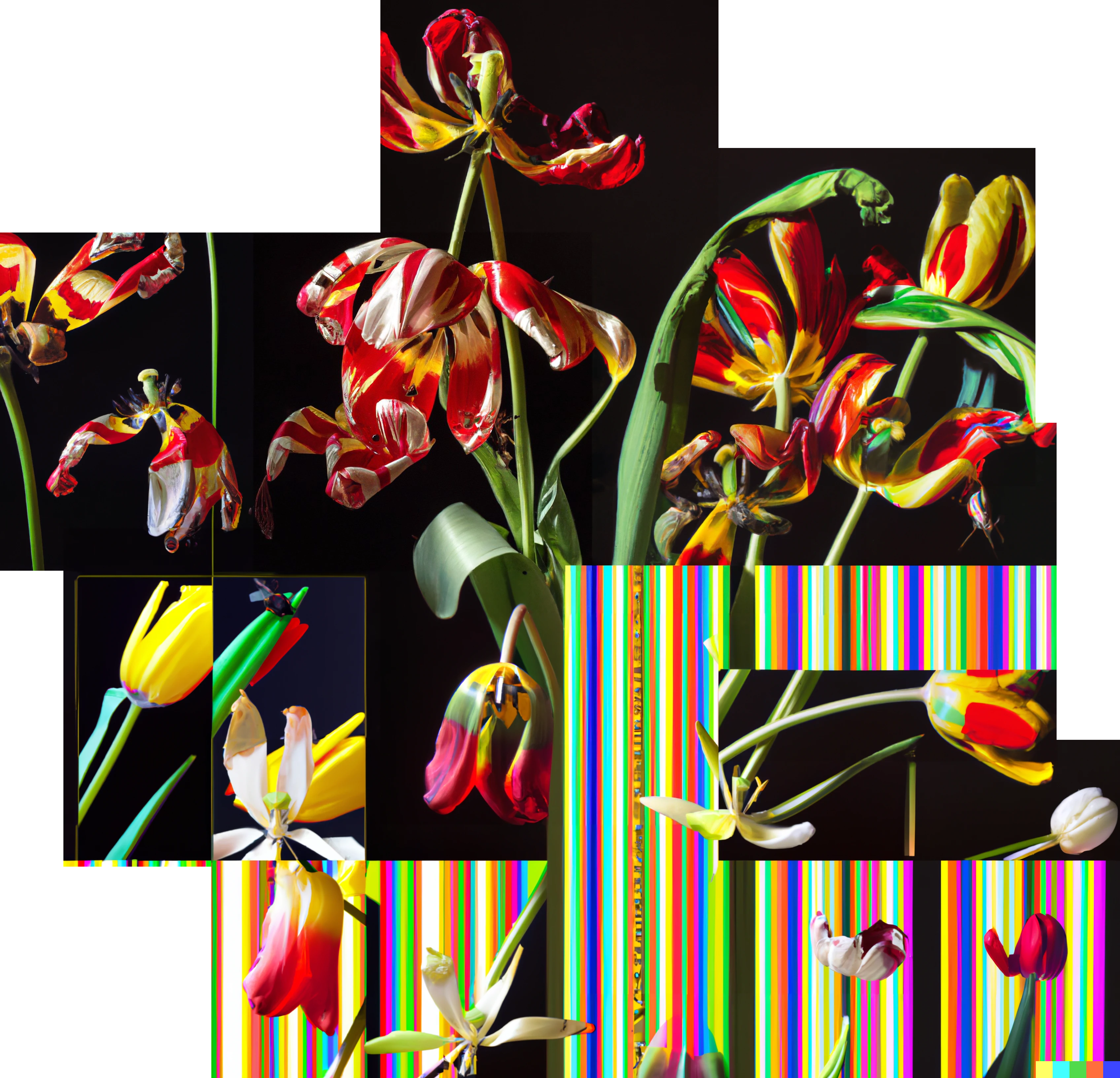 DALL·E 2022-09-15 19.45.50 - Bouquet of tulips with some insects against a black background. A few of the tulips are decaying. A few of the tulip petals have stripes. still life 3.png
